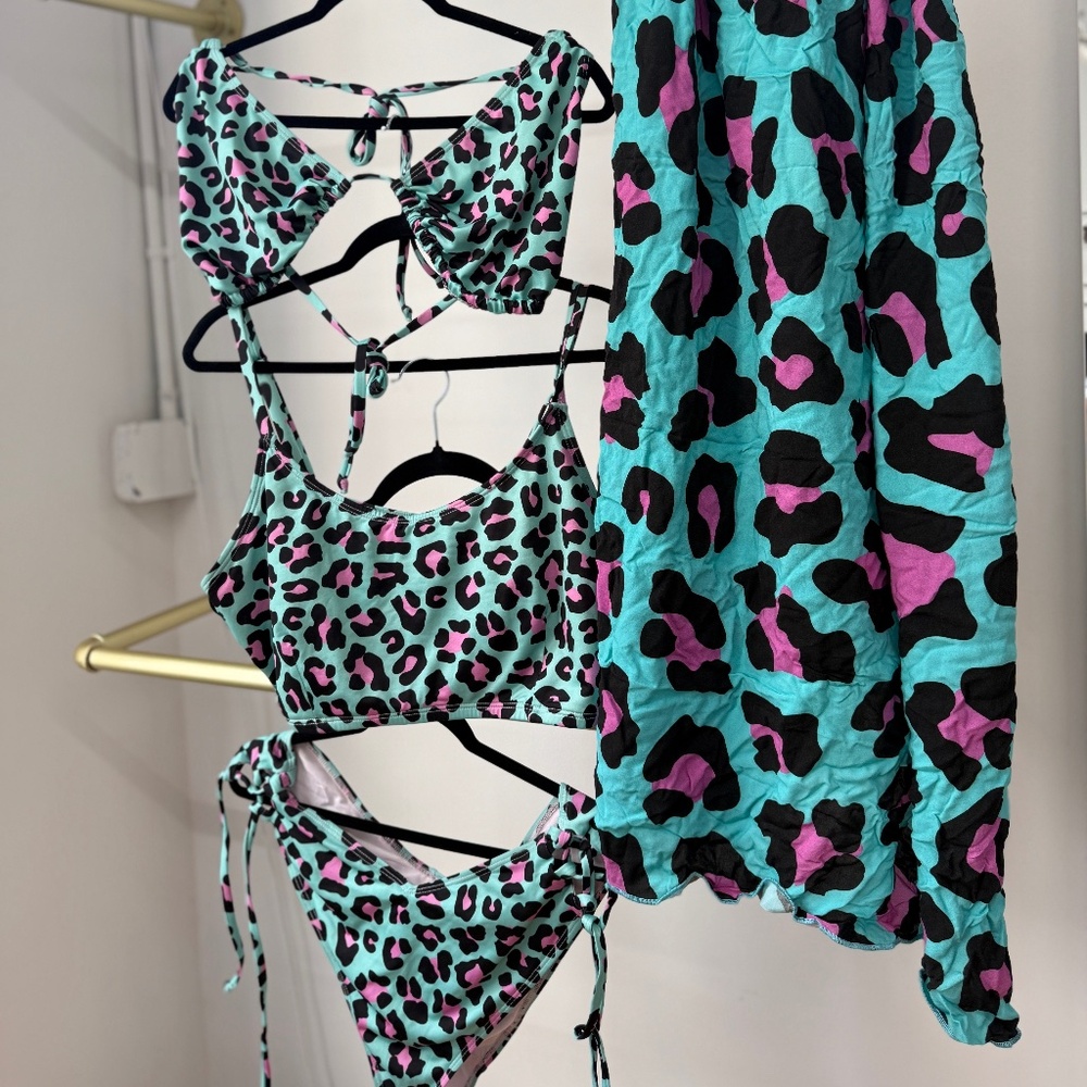Women’s Turquoise Leopard Print Bikini Set with Matching Cover-Up